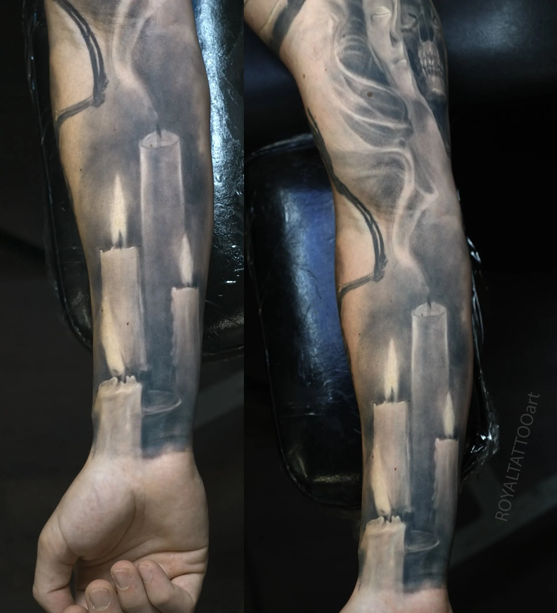 Black and grey realism tattoo featuring a candle and skull design, created with dark shading, depth, and realistic texture.
