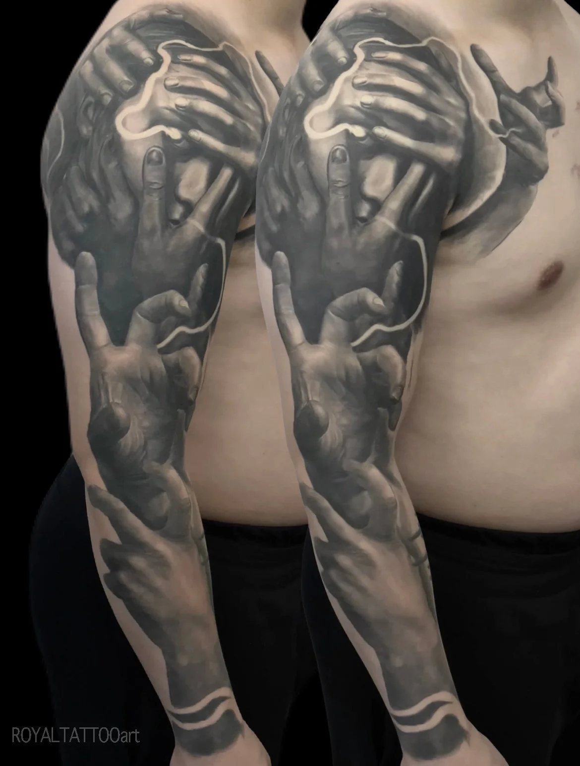 Black and grey surreal realism sleeve tattoo featuring hands, facial illusion details, and layered shading for a dramatic custom composition.
