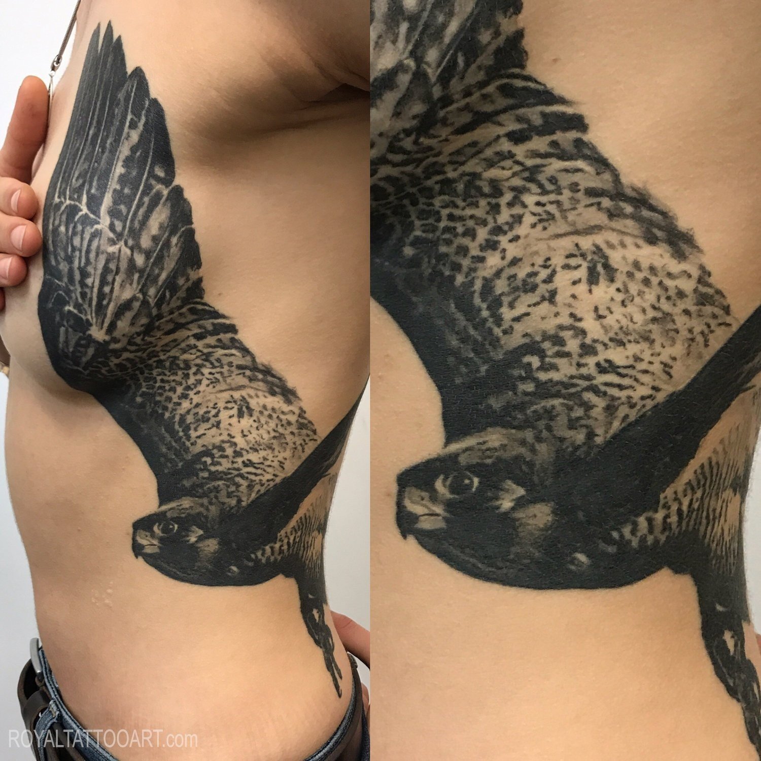 Black and grey flying bird realism tattoo on the rib and side area, designed with movement, feather detail, and natural shading.
