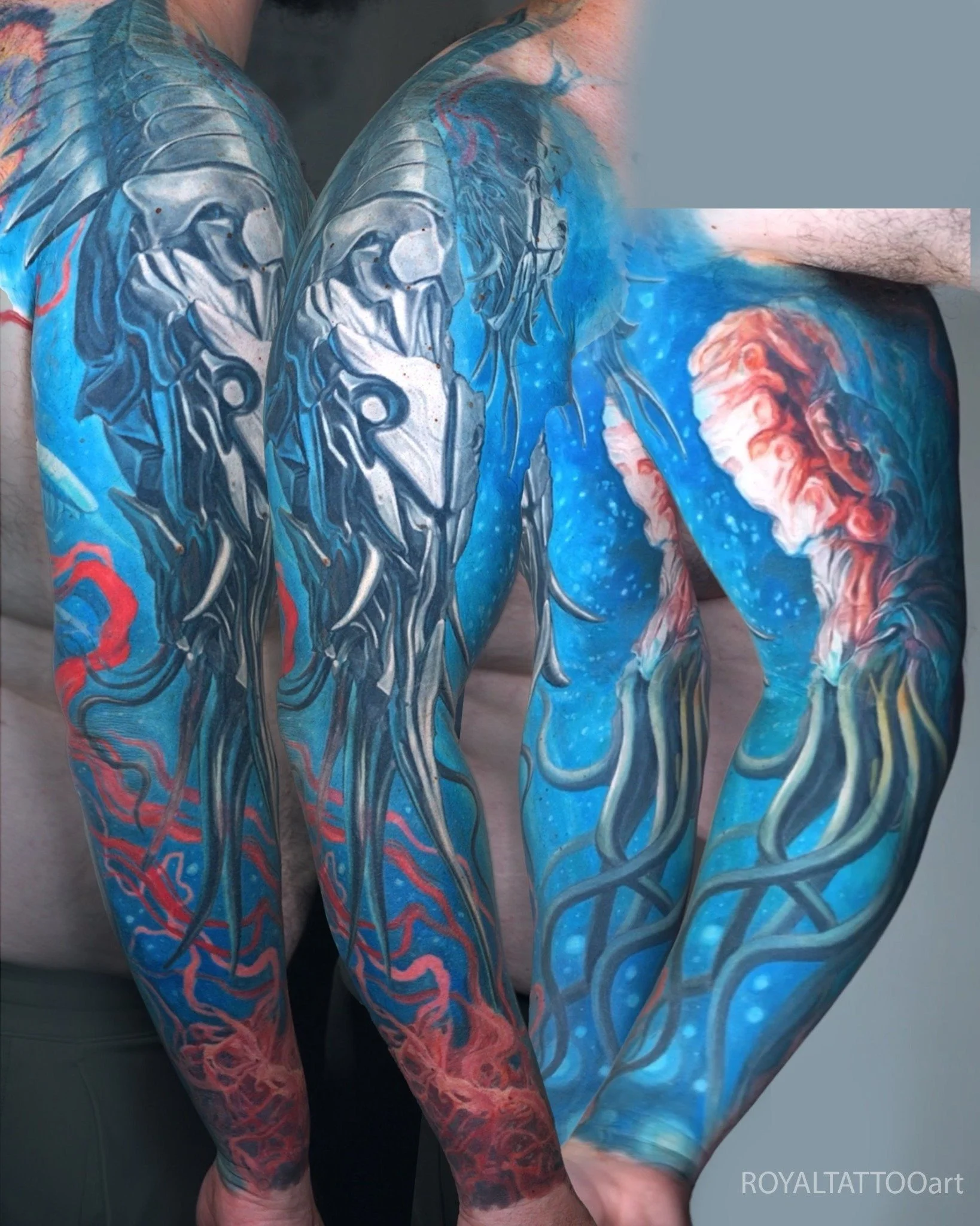 An abstract water-themed sleeve with swirling blue currents and underwater motifs.