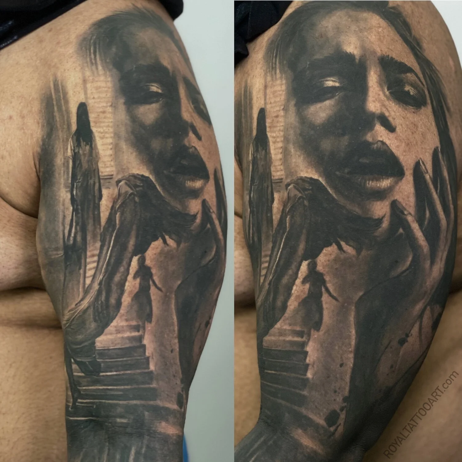 Black and grey surreal woman portrait realism tattoo on the shoulder, featuring haunting atmosphere, soft shading, and dramatic detail.
