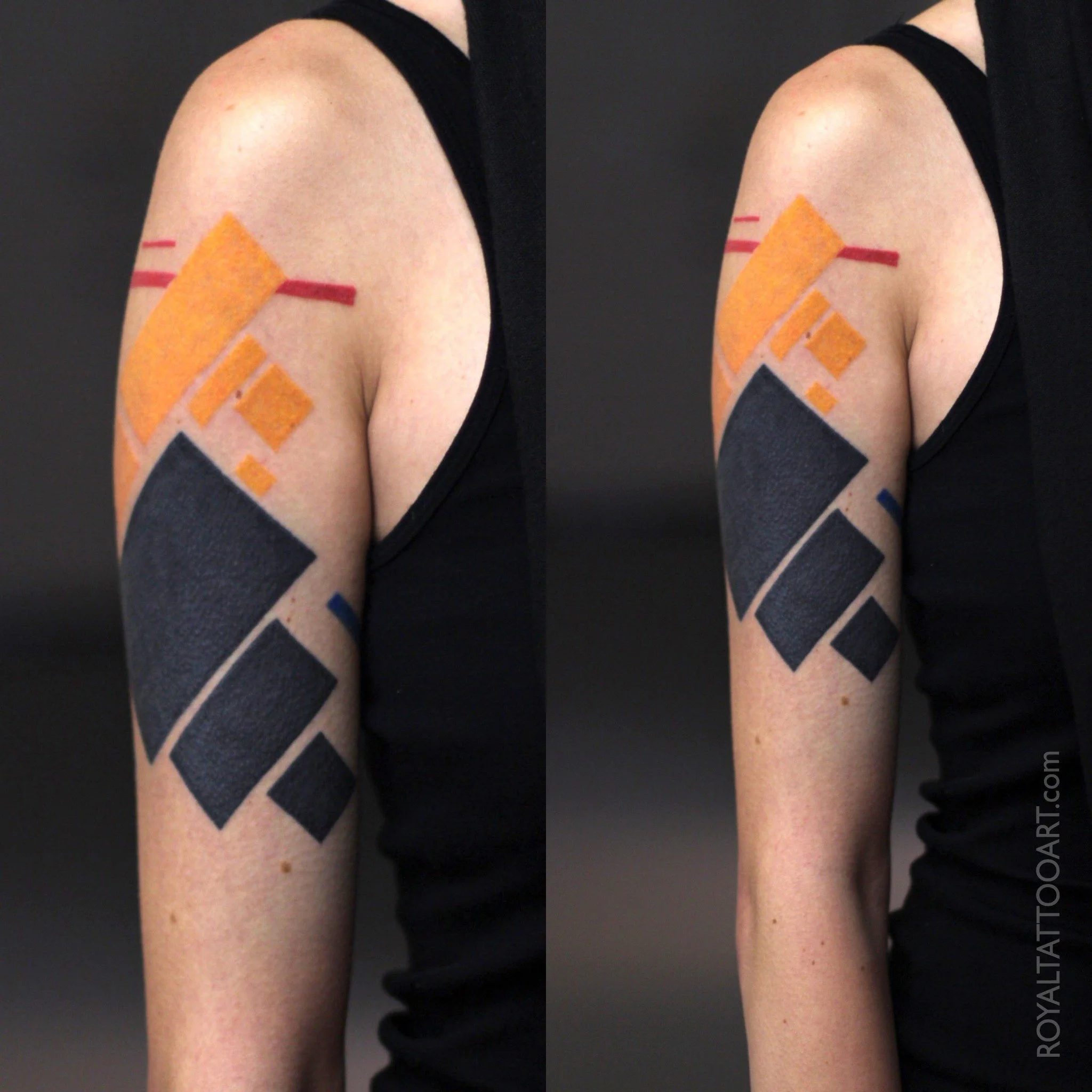 Bold geometric abstract shoulder tattoo with clean lines and striking shapes, done in NYC. Royal Tattoo Art delivers precise, modern geometric tattoo design with a fine art sensibility, ideal for those who love minimalist and abstract body art.
