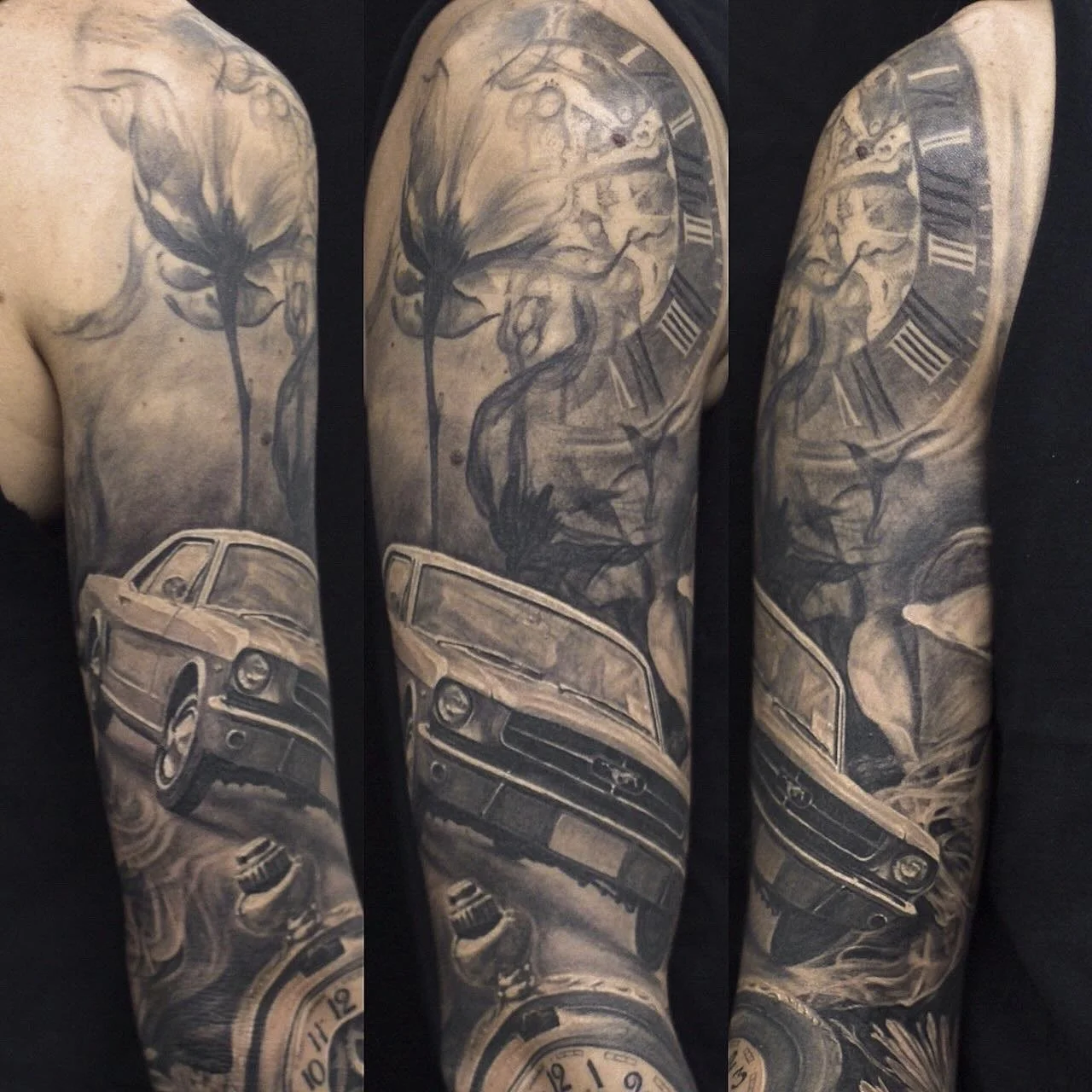 Black and grey realism sleeve tattoo featuring a Mustang car, clock, flowers, and portrait elements in a detailed custom composition.
