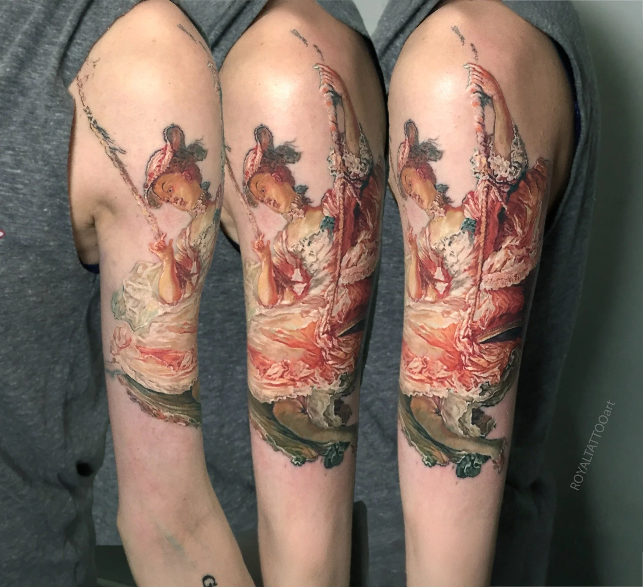 A fine art color realism tattoo inspired by Jean-Honoré Fragonard’s Rococo painting The Swing, translated into an upper arm tattoo by Royal Jafarov at Royal Tattoo Art in NYC.