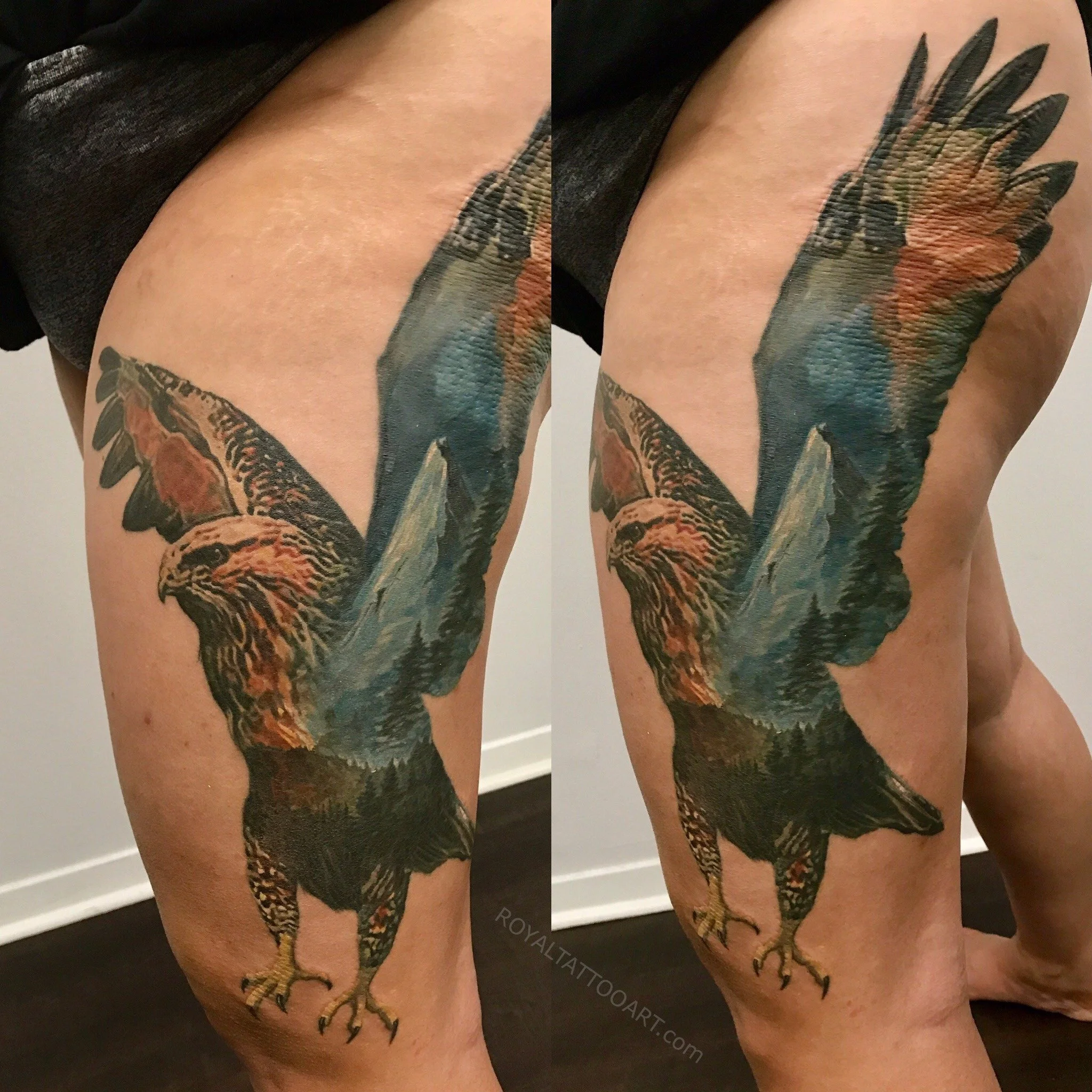 Mirror-image color realism tattoos on both thighs feature birds with outstretched wings in earthy green and rust tones, creating a symmetrical composition.