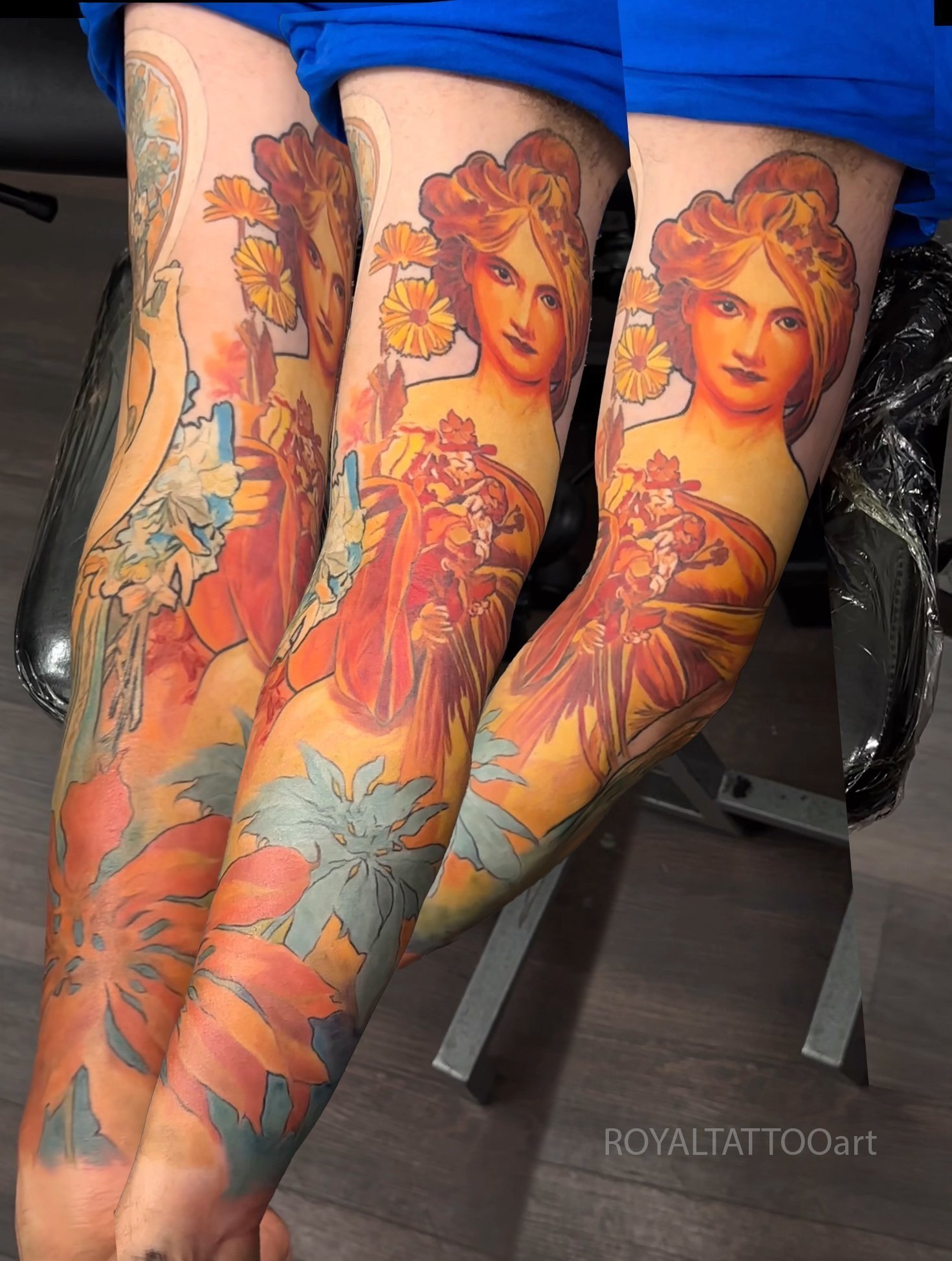 Art Nouveau figure fine art realism leg tattoo, tattooed in NYC. Royal Tattoo Art captures the flowing elegance and decorative beauty of Art Nouveau illustration style on the leg, inspired by Mucha and other iconic Art Nouveau masters.