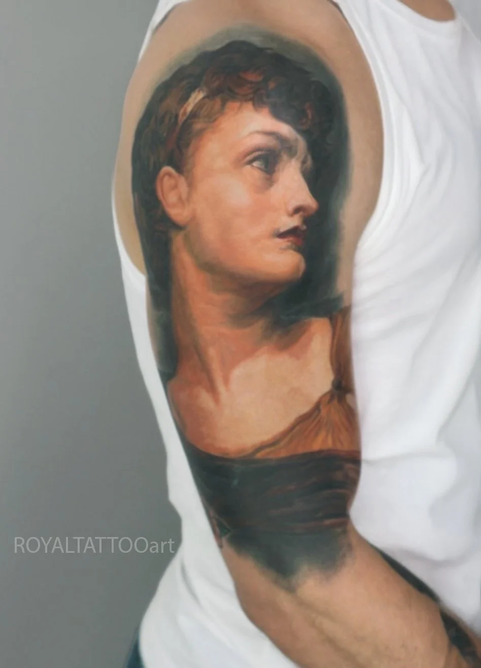 Color realism Antigone portrait tattoo inspired by Greek mythology and classical painting, created with soft painterly shading by Royal Jafarov at Royal Tattoo Art in Manhattan, NYC