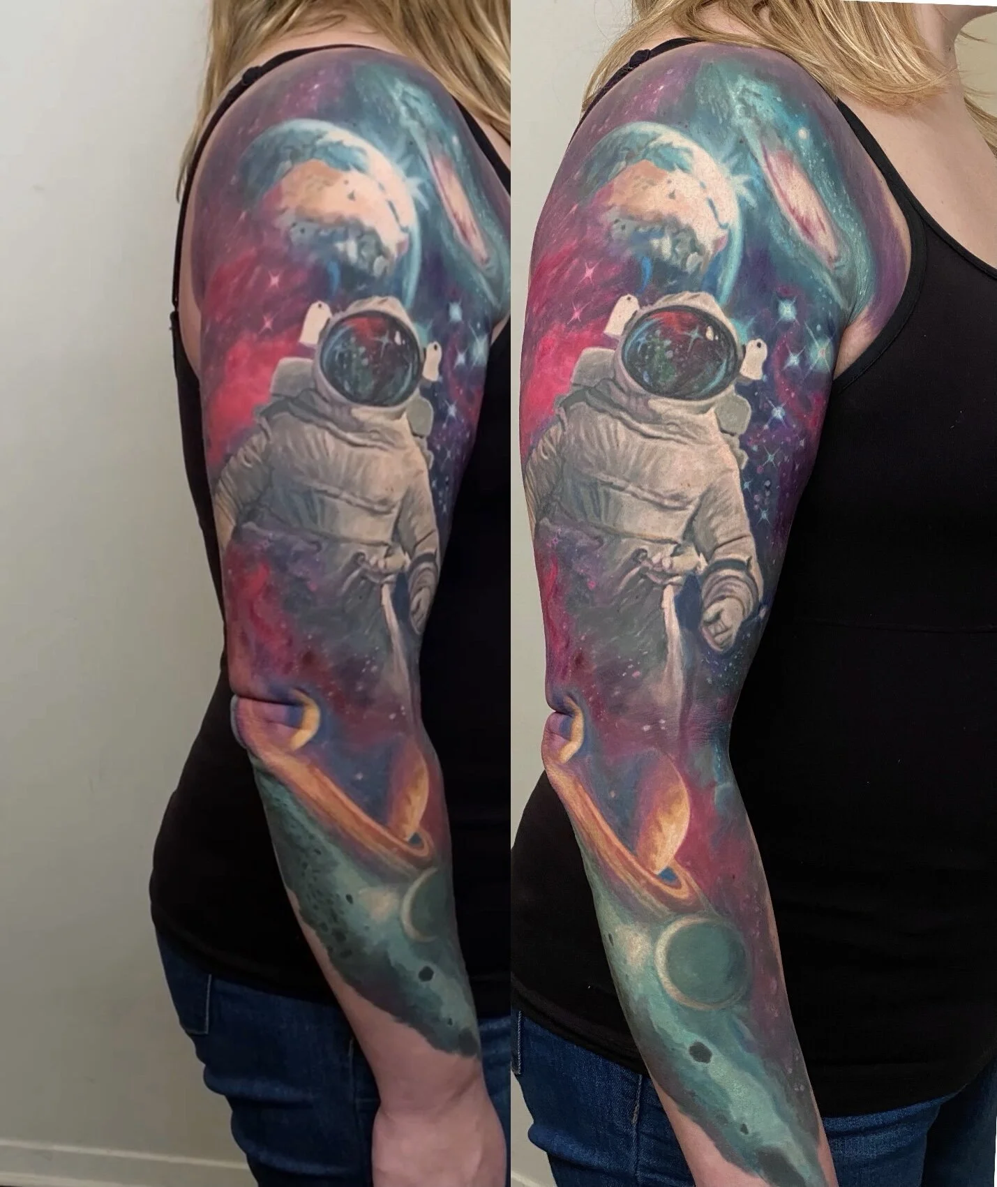 An astronaut floating through a colorful galaxy sleeve, surrounded by planets and nebulae.