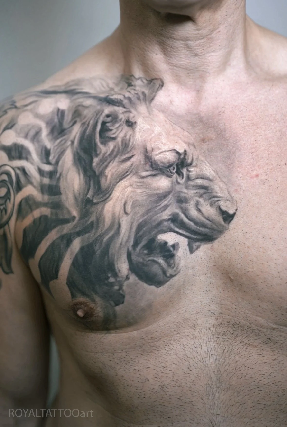 Lion Statue Black and Grey Realism Chest Tattoo – A bold and powerful chest tattoo featuring a roaring lion statue in black and grey realism. The fierce expression and intricate mane detail make this large-scale piece truly commanding, by Royal Jafar