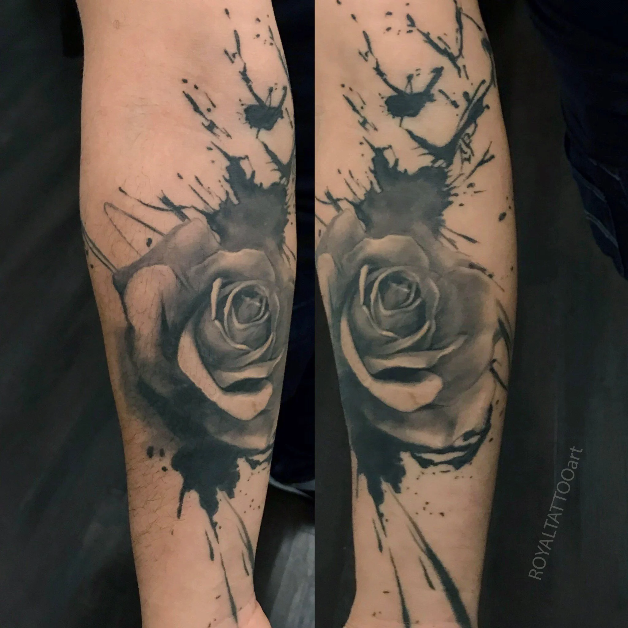 Black and grey rose tattoo with abstract watercolor influence, combining realistic floral detail with painterly movement.
