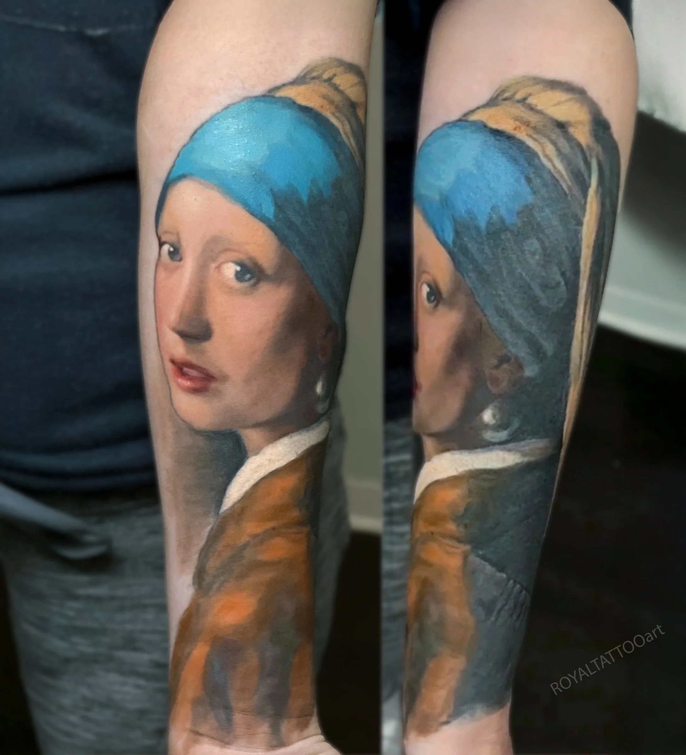 Girl with a Pearl Earring portrait realism tattoo inspired by Vermeer's masterpiece, tattooed in NYC. Royal Tattoo Art recreates the soft luminosity and iconic gaze of this beloved painting with stunning accuracy, making it a perfect fine art tattoo 