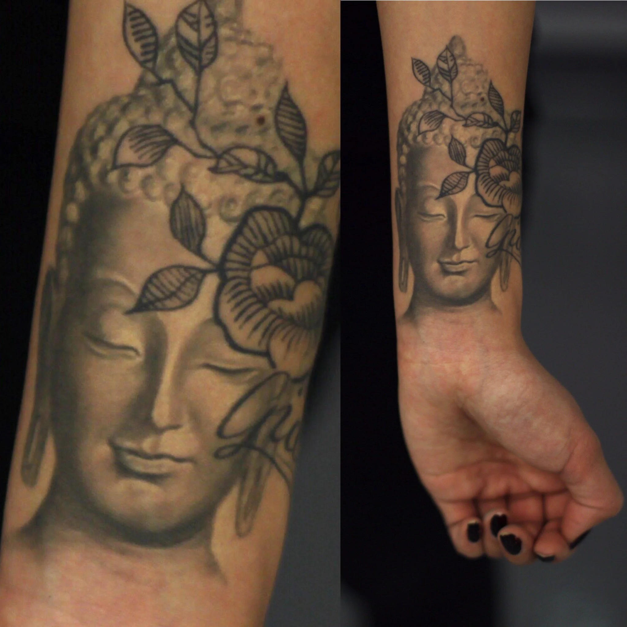 Black and grey Buddha and floral wrist tattoo with soft realism shading, spiritual symbolism, and delicate detail.
