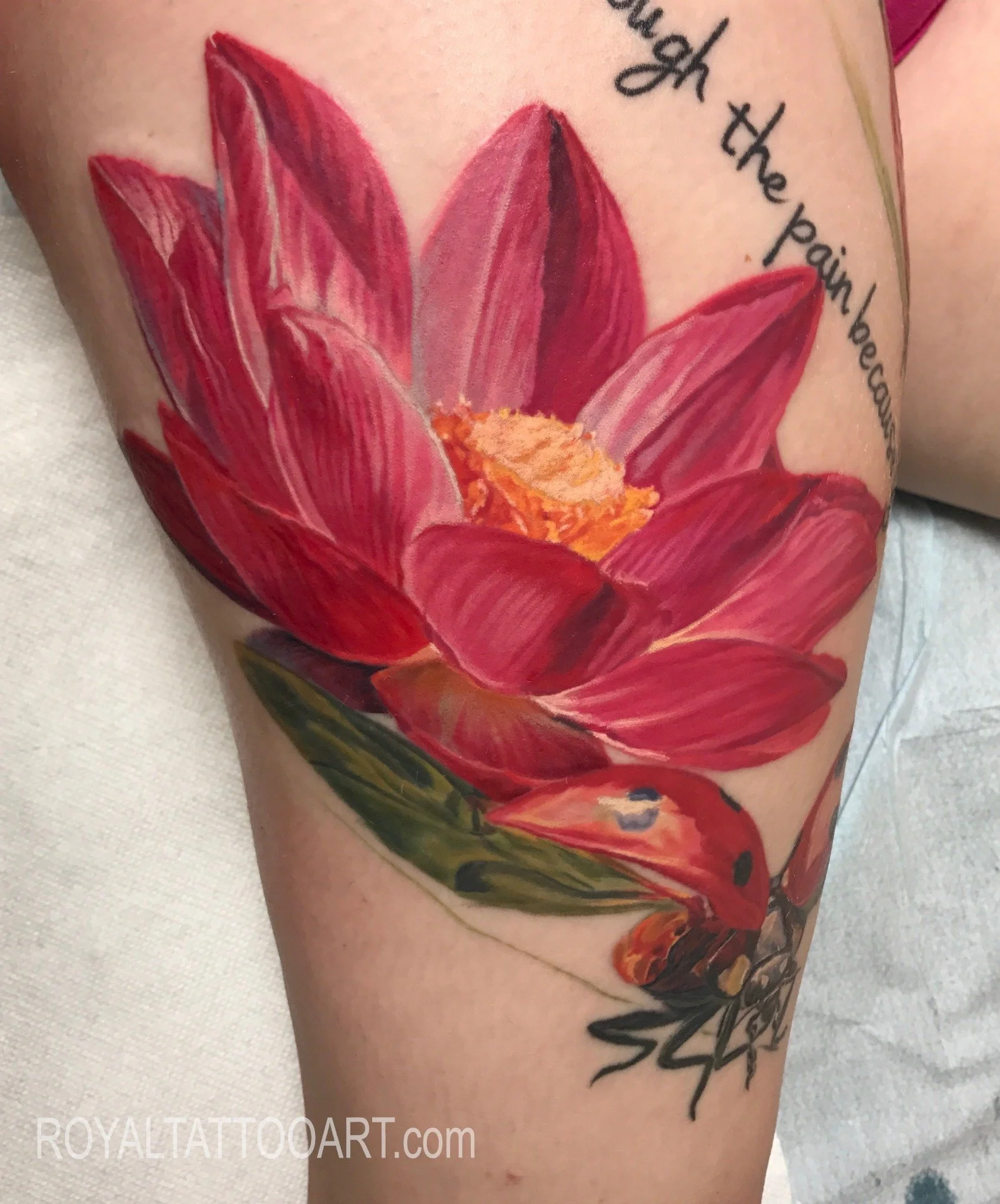 A vibrant color realism tattoo of a large pink lotus bloom with lush green leaves and subtle script, rendered on the forearm.