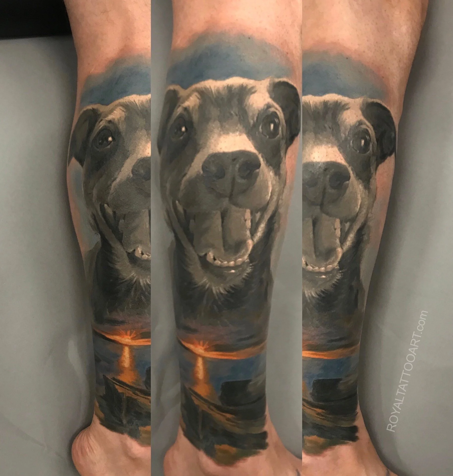 Stunning black and grey realism dog pet portrait tattoo immortalizing multiple dogs in incredible detail, done in NYC. Royal Tattoo Art creates deeply personal pet memorial tattoos that preserve the love and bond you share with your canine companions