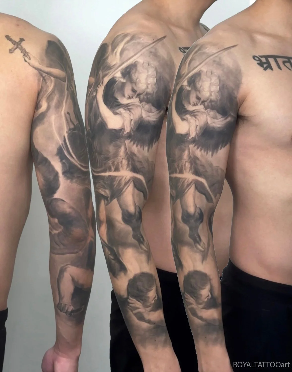 Black and grey St. Michael the Archangel full sleeve tattoo featuring religious realism, large wings, and dramatic battle imagery.