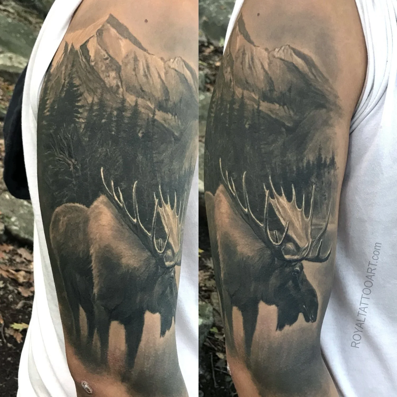 Black and grey realism sleeve tattoo featuring a moose, mountain landscape, and forest scenery with natural depth and detailed shading.
