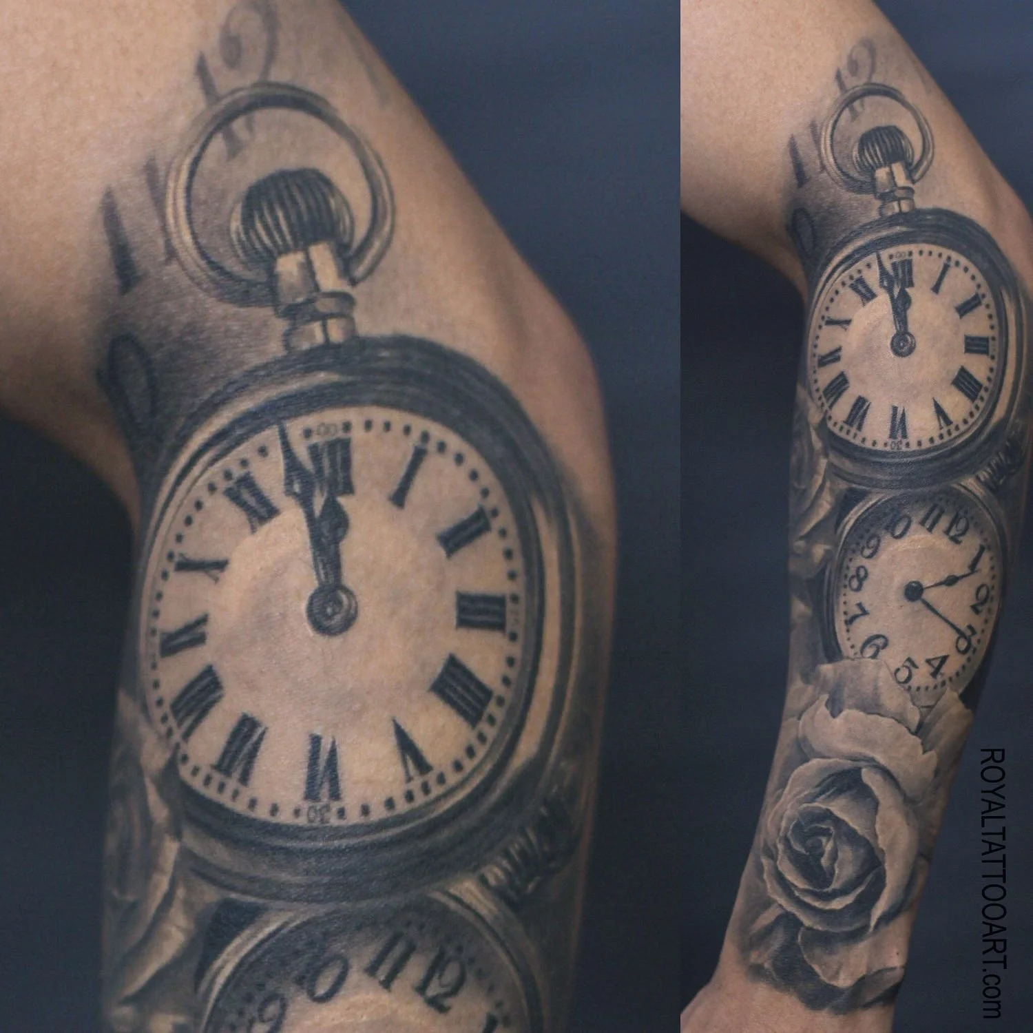 Black and grey realism sleeve tattoo featuring a pocket watch and rose, designed with detailed shading and timeless symbolic imagery.