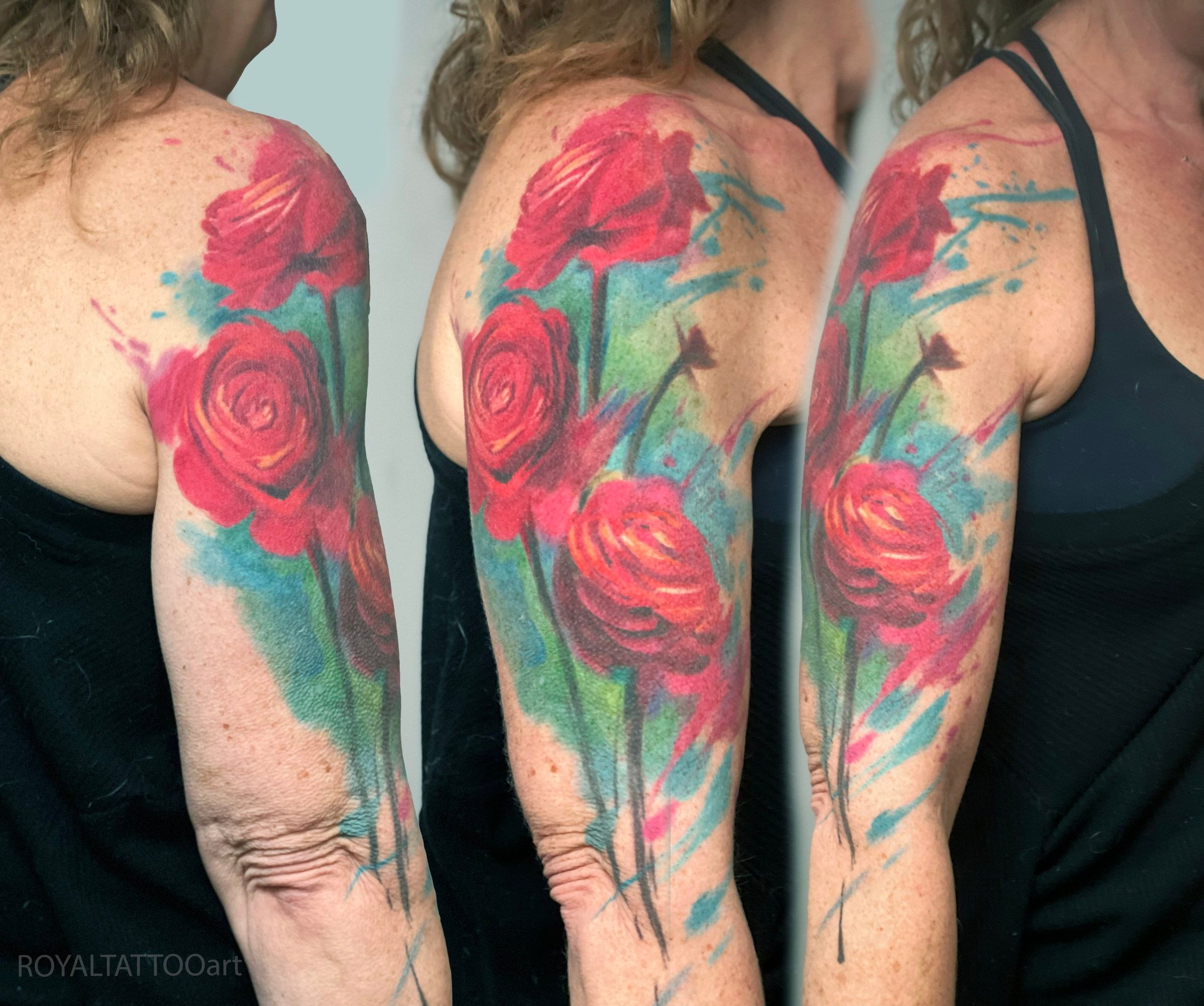 Custom watercolor rose tattoo sleeve with red roses on both arms, featuring painterly brushstrokes by Royal Jafarov at Royal Tattoo Art