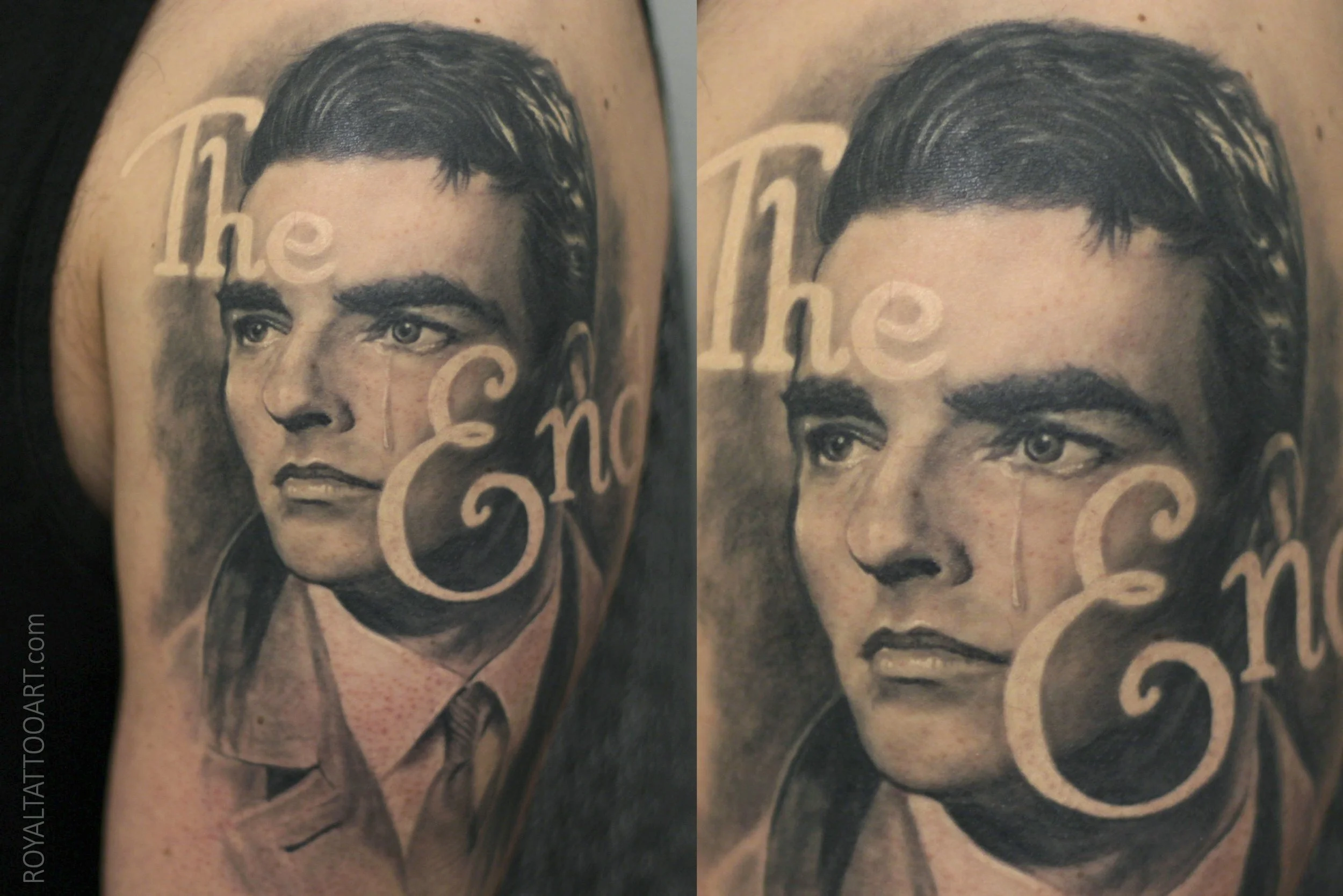 Montgomery Clift Portrait Black and Grey Realism Tattoo – A stunning photorealistic portrait tattoo of classic Hollywood actor Montgomery Clift, with "The End" lettering incorporated into the design. Exceptional likeness and skin tone achieved in bla