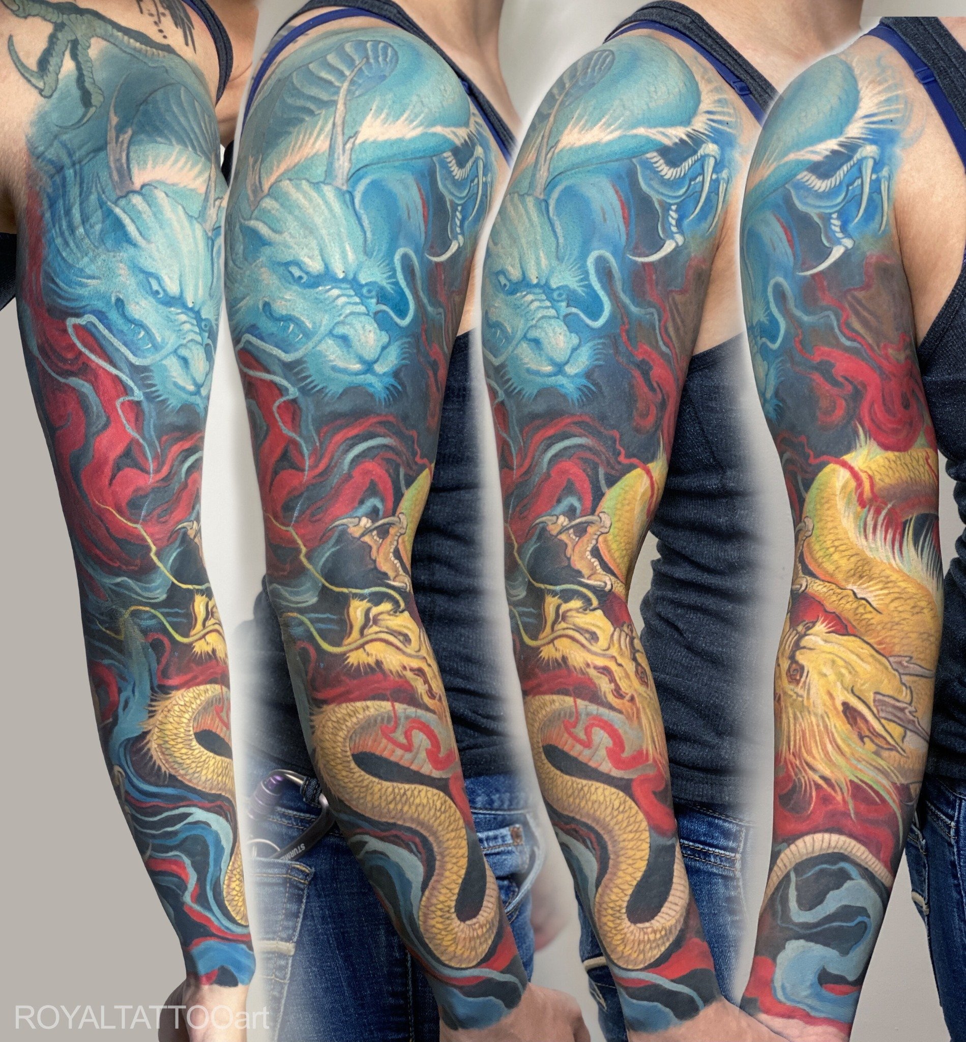 A color realism sleeve featuring underwater elements like fish and coral, wrapping around the arm.