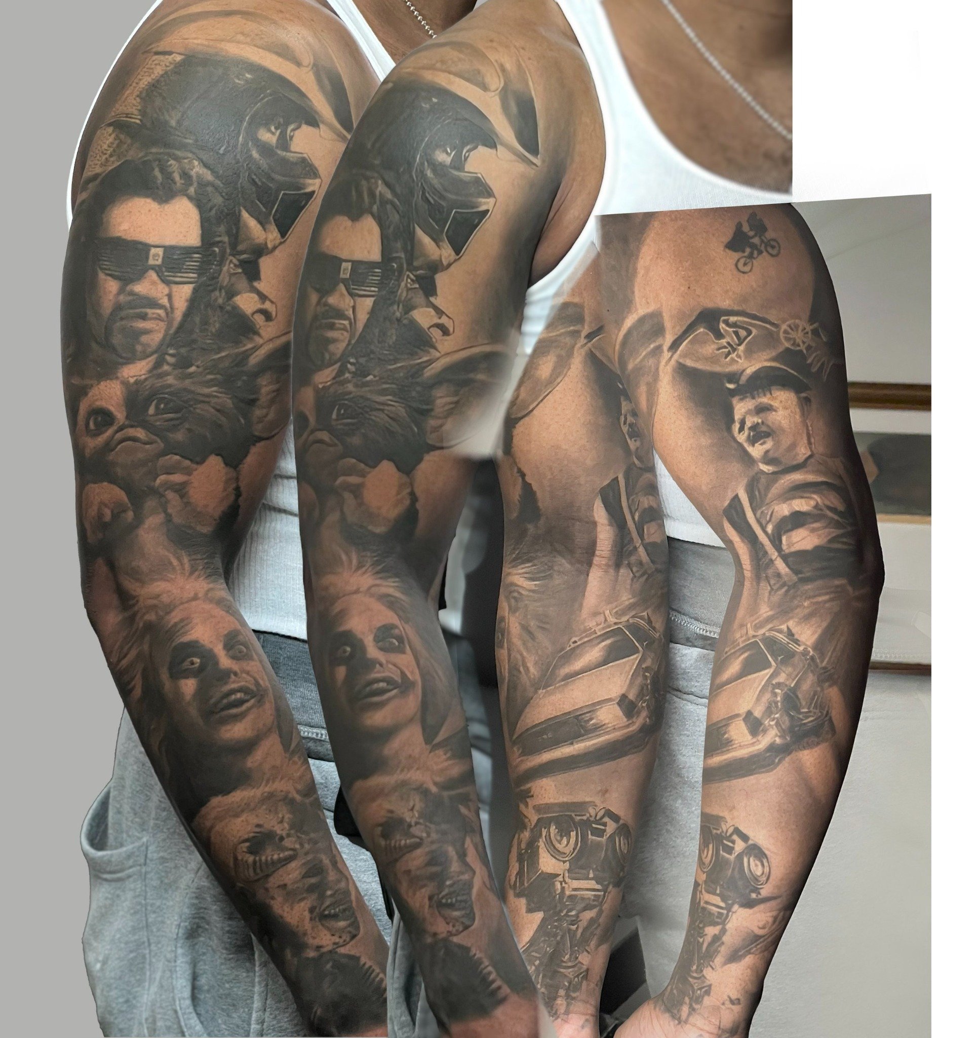 Black and grey pop culture realism sleeve tattoo featuring multiple movie-inspired portraits and character details in a full sleeve composition.
