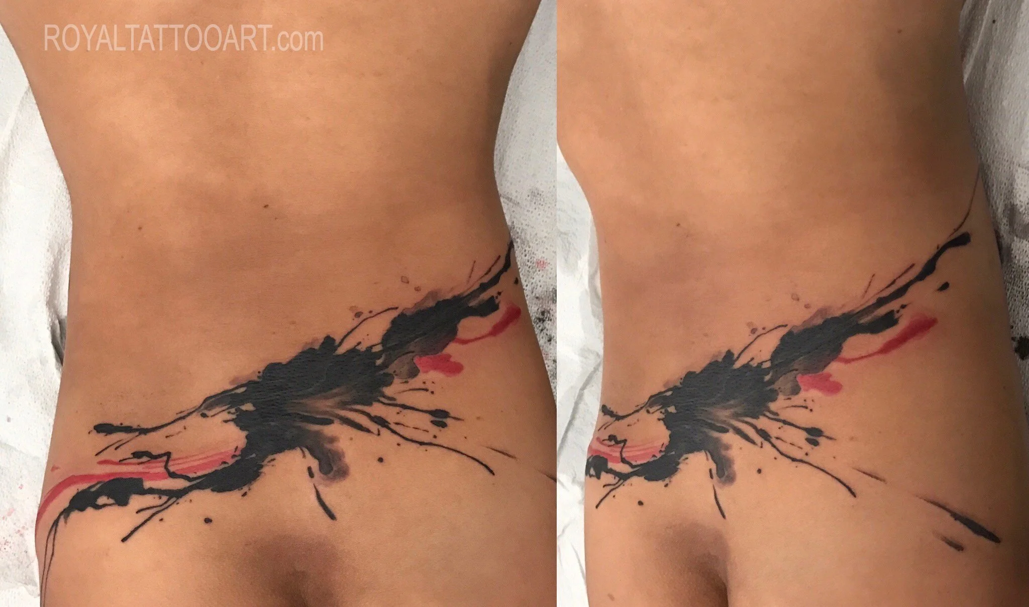 Abstract black ink splatter tattoo with red accent on hip and waist, dynamic explosive ink art by Royal Jafarov at Royal Tattoo Art