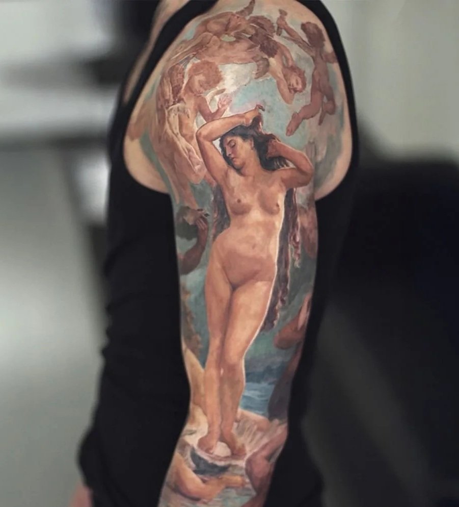 Birth of Venus inspired color realism sleeve tattoo with painterly fine art details by Royal Tattoo Art in NYC.