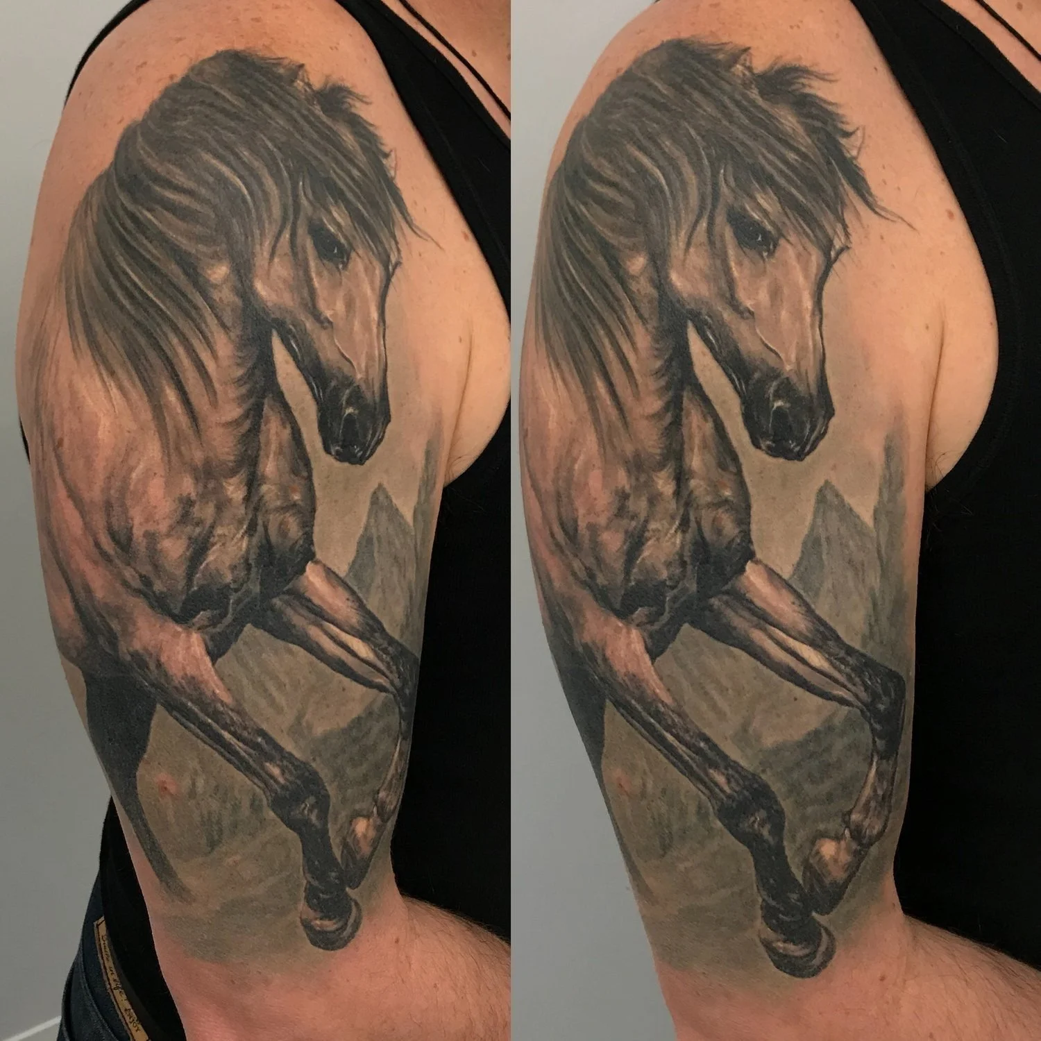 Black and grey horse portrait shoulder tattoo with realistic shading, soft movement, and detailed animal portrait work.
