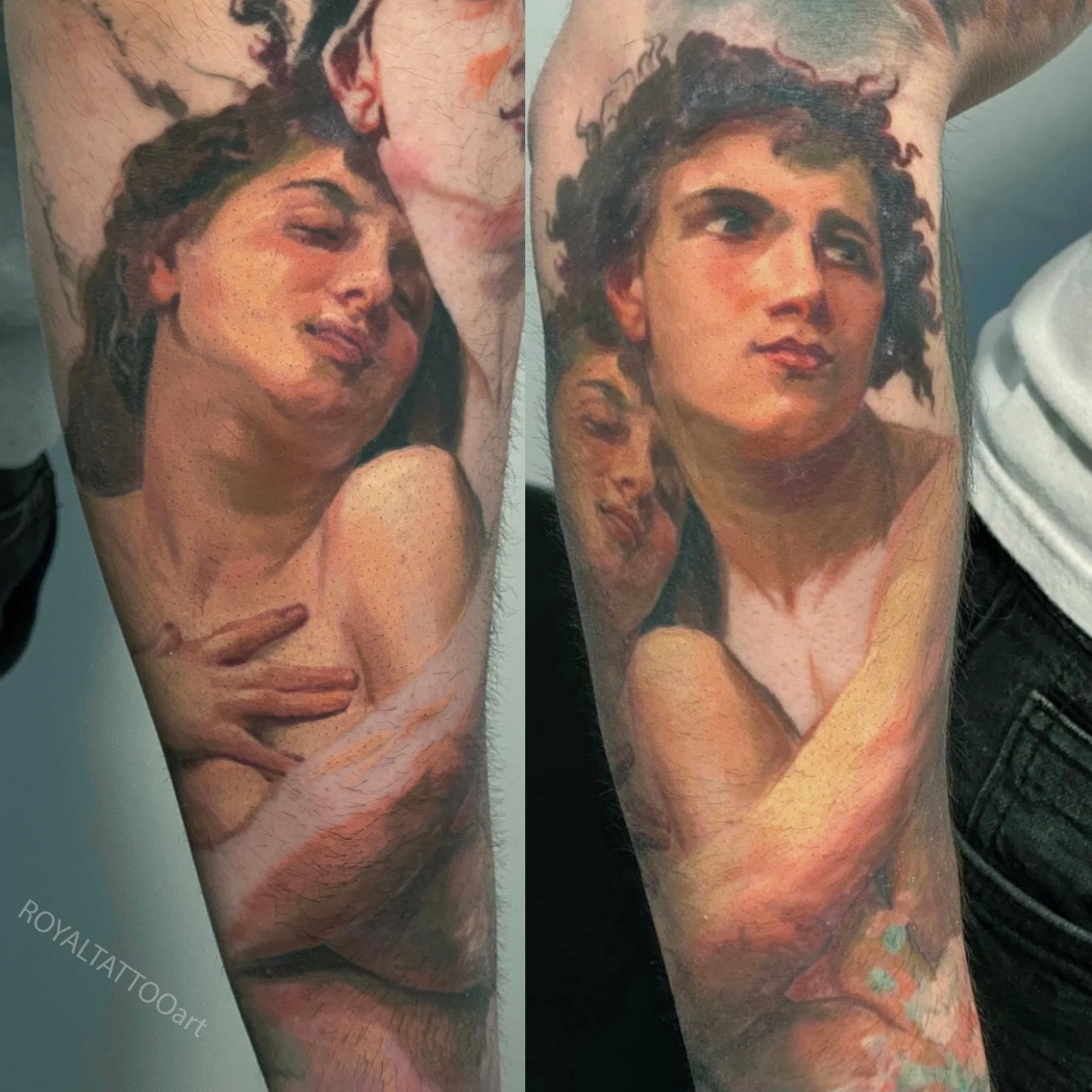 Painterly color composition fine art realism tattoo inspired by classical painting, done in NYC. Royal Tattoo Art translates the rich palette and compositional depth of old master paintings into an extraordinary skin-art piece.