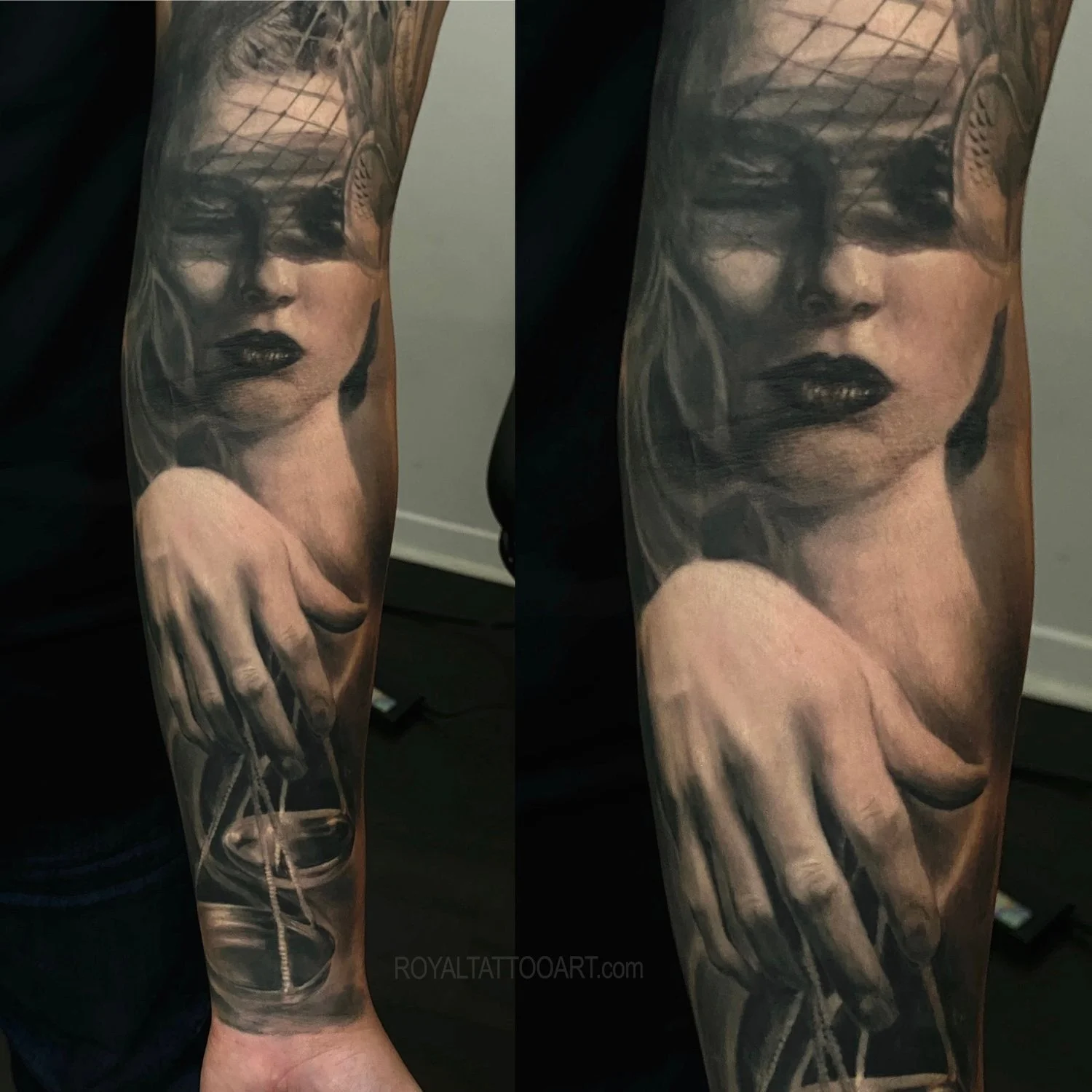 Black and grey realism forearm tattoo featuring a woman with justice scales, designed with soft shading and symbolic detail.
