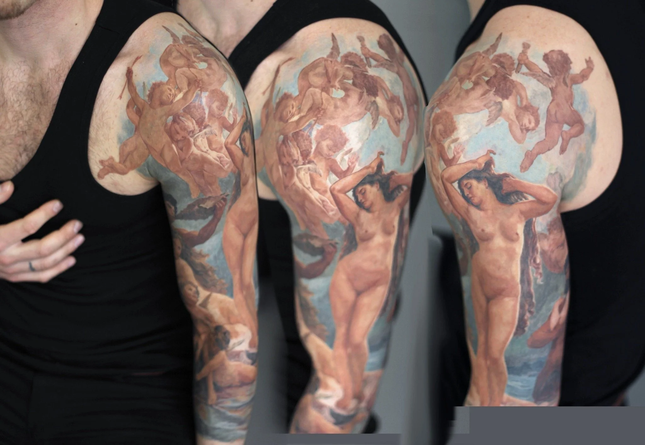 Birth of Venus mythology color realism full sleeve tattoo, created at Royal Tattoo Art NYC. Inspired by Botticelli's iconic Renaissance masterpiece, this fine art sleeve tattoo captures the divine beauty and flowing grace of Venus rising from the sea