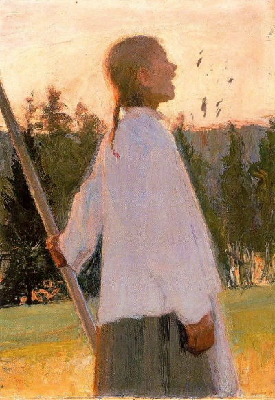 Painting by Ellen Thesleff . I love this. Is she singing? Calling her kids in from a hike? Found via Pinterest.