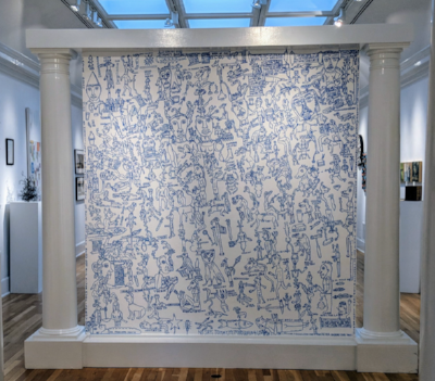 Wall drawing by John Beadles at the entrance of “Beyond Words,” on view at Swan Coach House Gallery through April 6. (Photo: Terry Kearns)