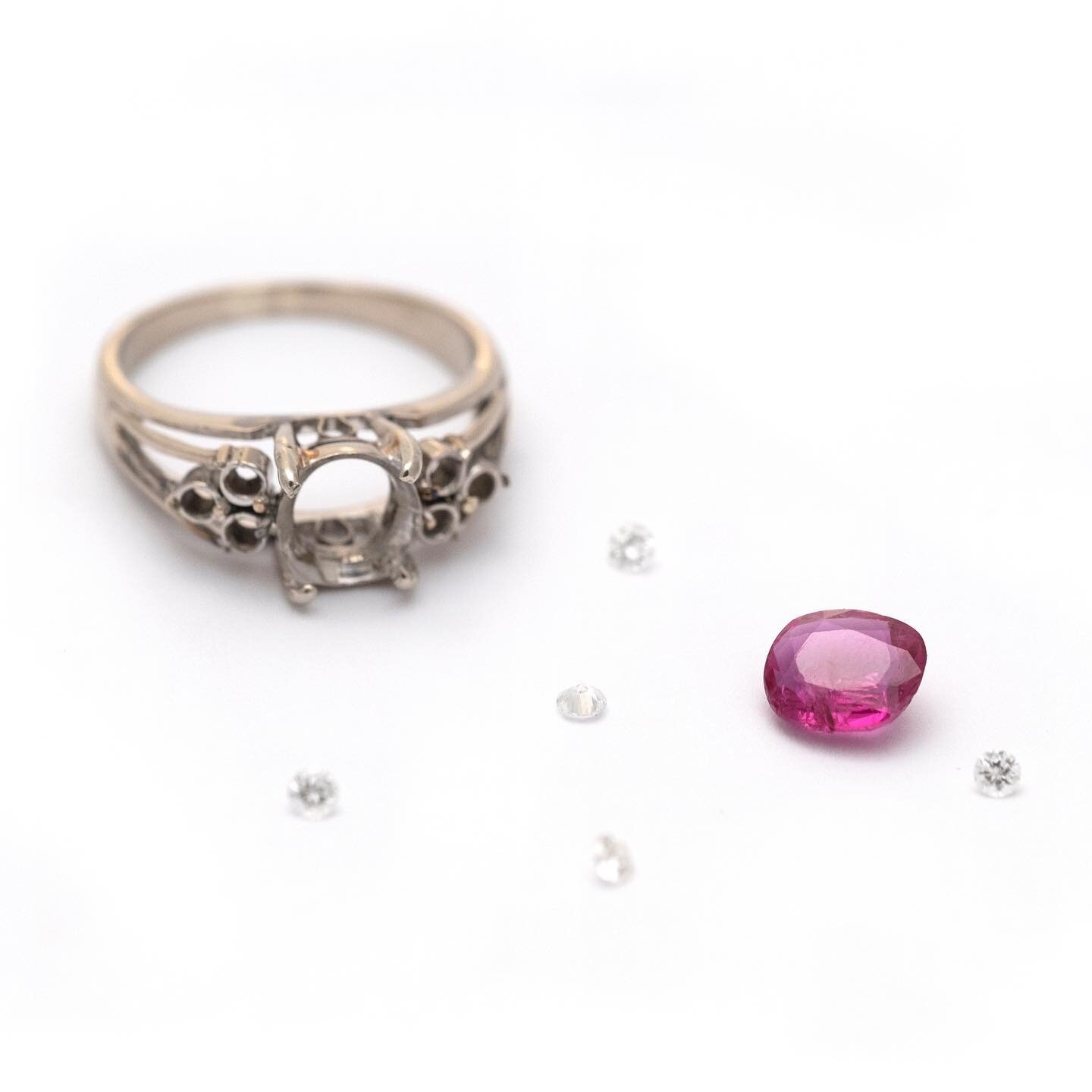 What to do with old and unloved jewelry?
In this case, we popped out the stones, recut the damaged but beautiful ruby, printed out a delicate new design, and reset the stone to show off that glorious color! 
If you have jewels that need reimagining, 