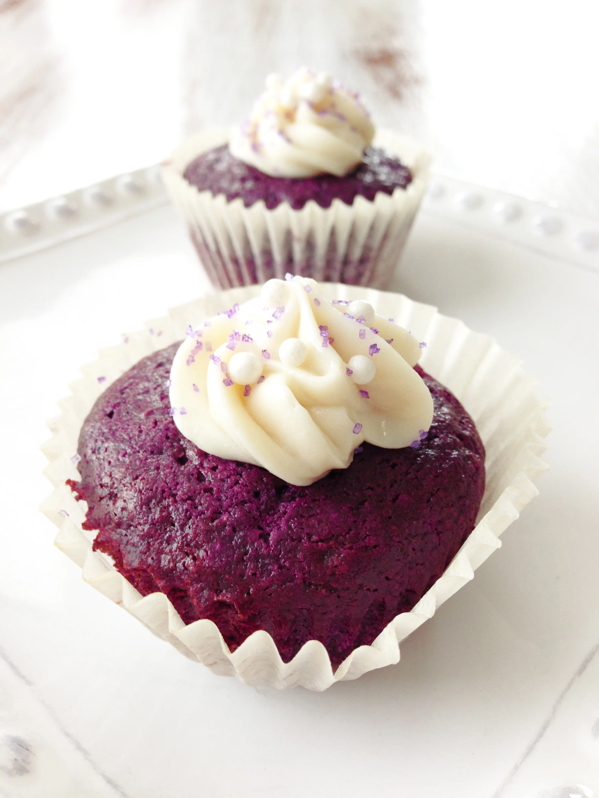 Skinny Purple Velvet Cupcakes & Cream Cheese Frosting — The Skinny Fork