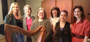 Performers & the creative team from Brigid's Place's performance of Easter in Memory of Her. (L-R) Sonja Bruzauskas, composer & singer; Betty Adam, scriptwriter; Becky Baxter, composer & harpist; April DeConick, scriptwriter; Ryan Stickney, singer; & Stacey Weber, singer