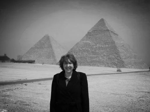 April DeConick visiting the Giza Pyramids, Cairo, 2005