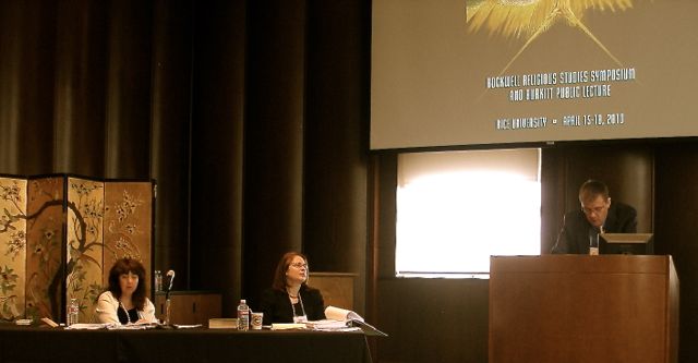 Hidden God, Hidden Histories panel. April DeConick, Kelley Bautch-Coblentz, Andrei Orlov. Photo taken by John Turner.