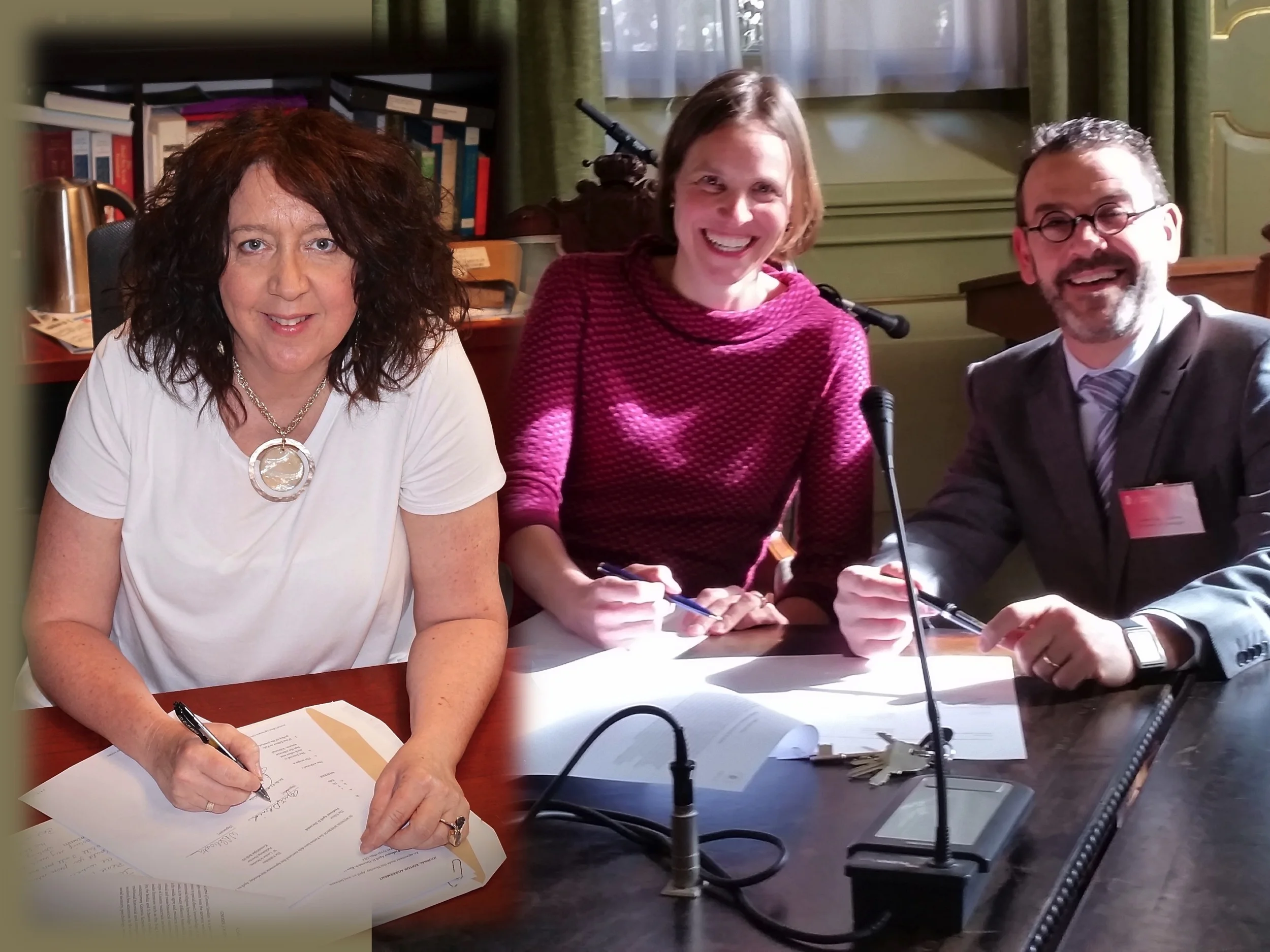 Signing contract for GNOSIS: Journal of Gnostic Studies, with Loes Schouten and Lautaro Lanzillotta, June 2015