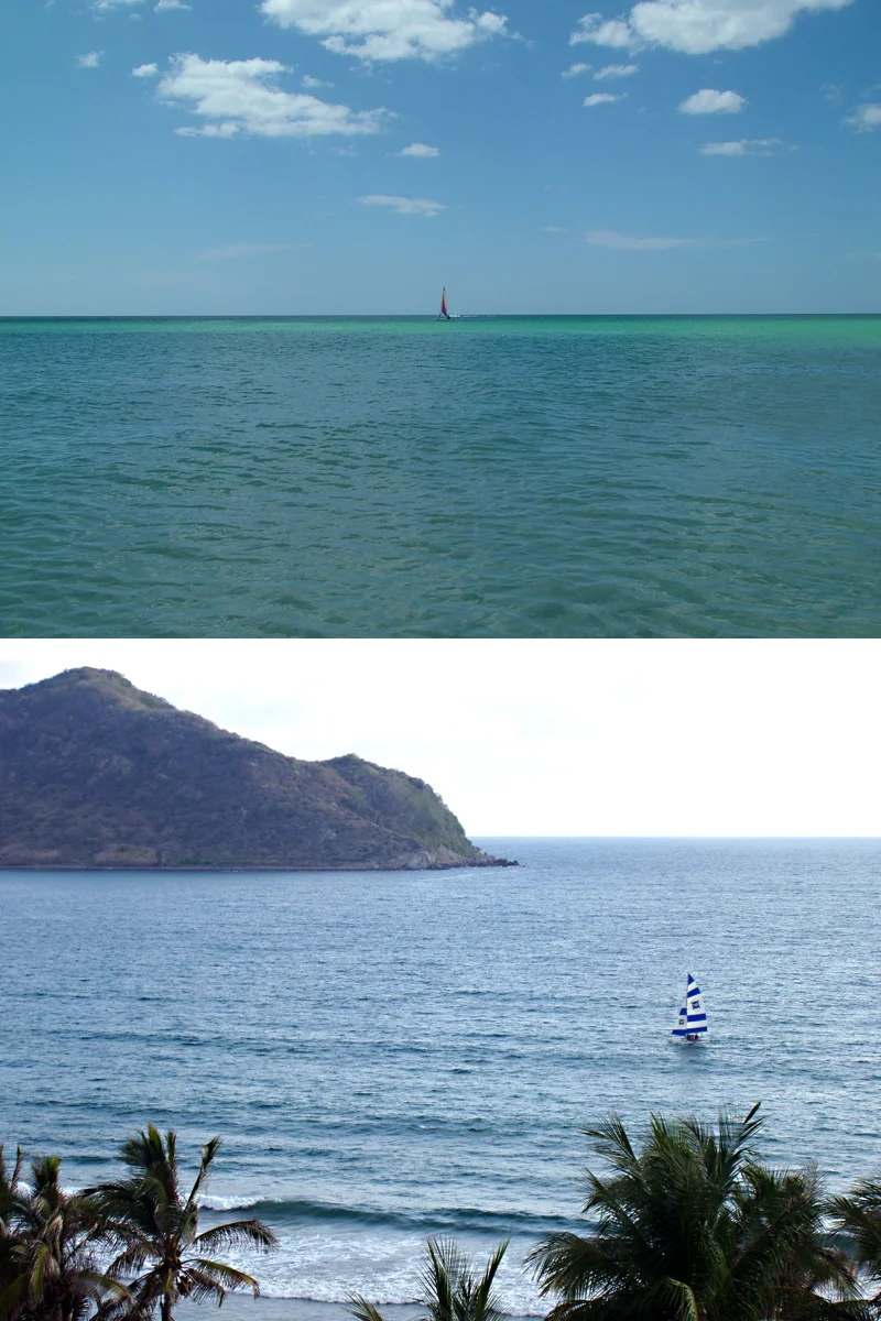 The photo on the top is static in composition. The lower shot uses palms in the foreground and a mountain behind to create a frame for the sailboat, which is attractively placed off-center.