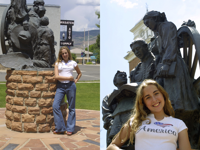 Simply changing the angle and moving in closer eliminated all the problems in the left photo (squinty subject, harsh sun, a busy background). Putting the sun behind the subject gives a nice highlight to the hair and eliminates squint.
