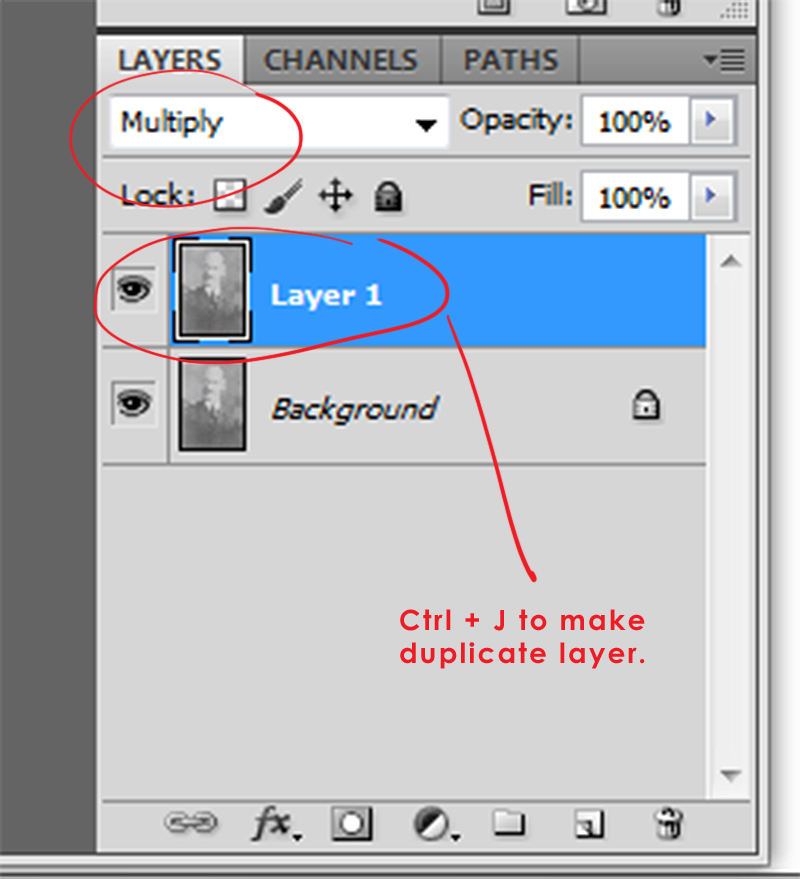 In your Layers palette, add a duplicate layer and change the blend mode to Multiply.