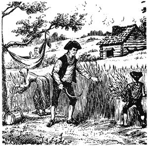 This drawing depicts what life might have been like for my pre-colonial ancestor, log cabin included.