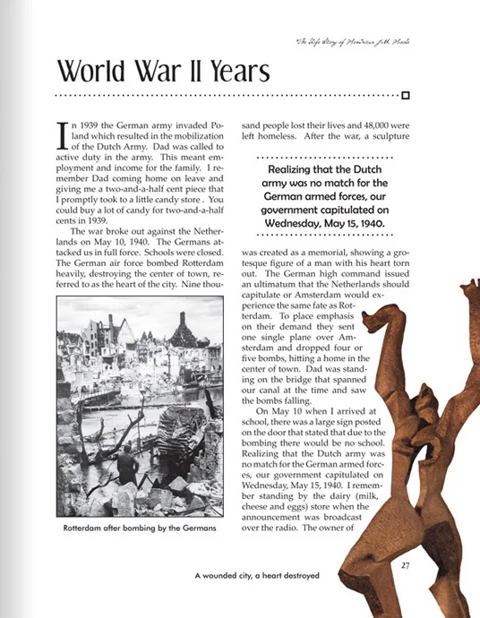 This page includes a World War II-era photo of the bombing of Rotterdam, as well as a photo of a memorial sculpture.