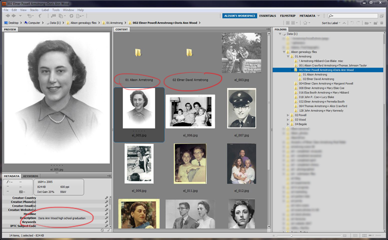 Here is a subfolder for my parents, created in my Armstrong line folder. Within this folder, I created optional subfolders for my photos and my brother's. 