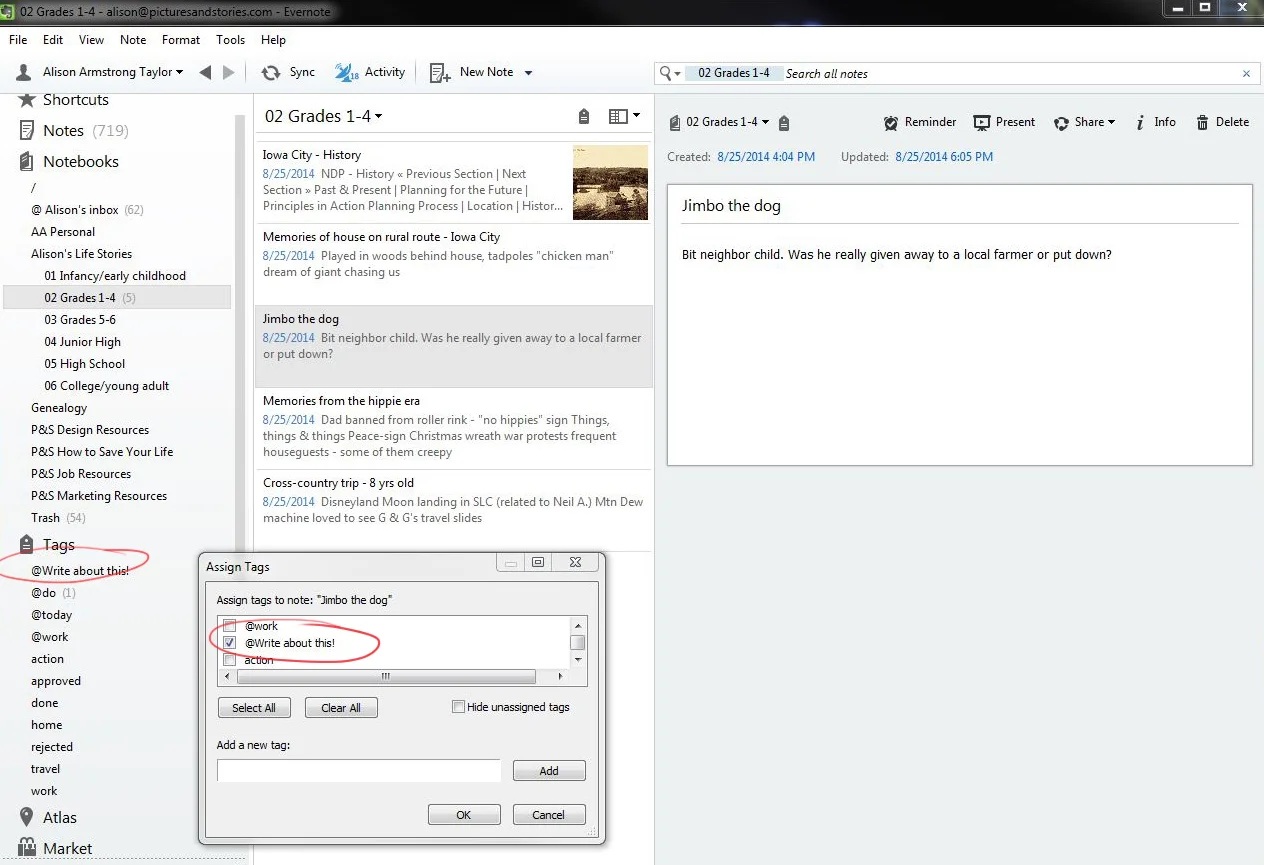 Here is the tag I created called "Write about this!" To add this tag to a note, I just right-click on the note and choose "assign tag." It will bring up my list of tags, and I check a box for each tag I want to add to that note or create a new tag.