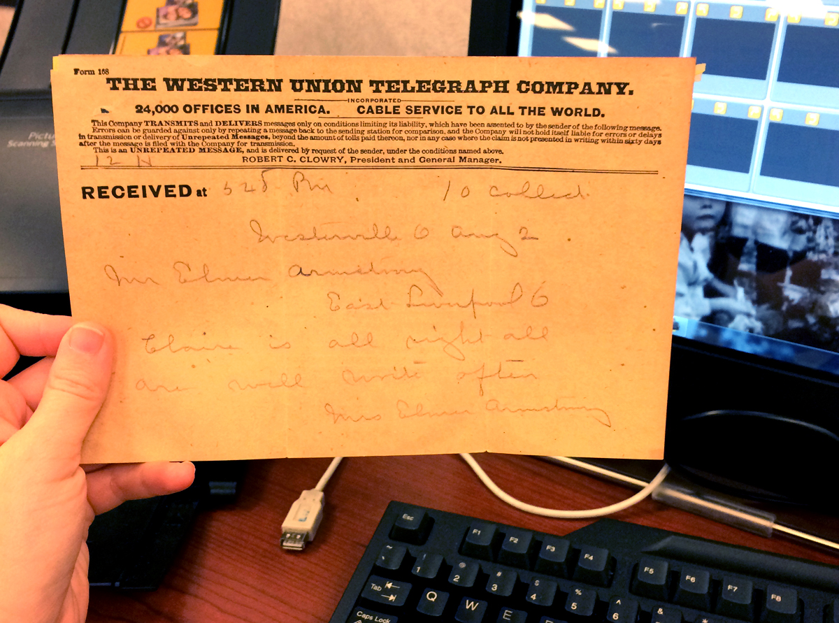 Scanning a double-sided telegraph in the batch scanner captured both sides at the same time.