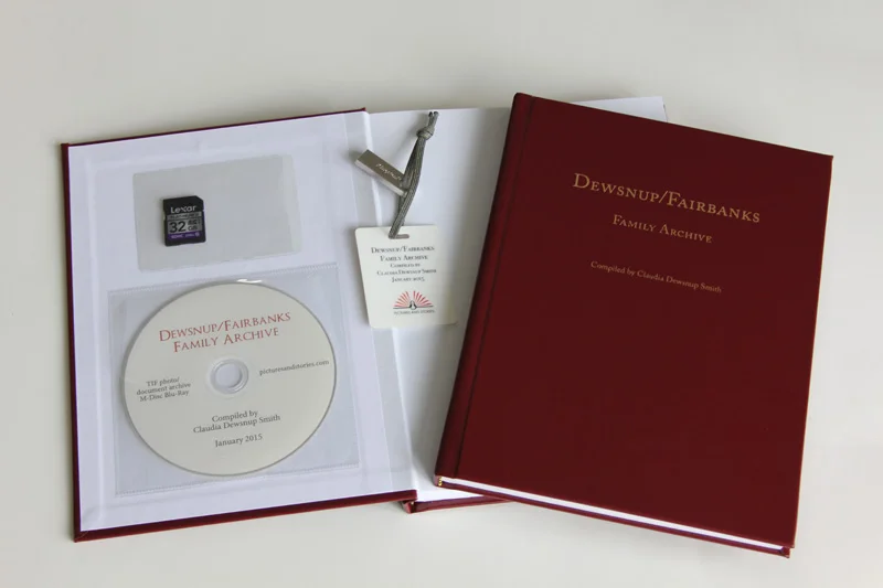 Here is an example of an archive product we did for a client. Thousands of photos and documents were digitally preserved in a book and accompanying archival storage media.
