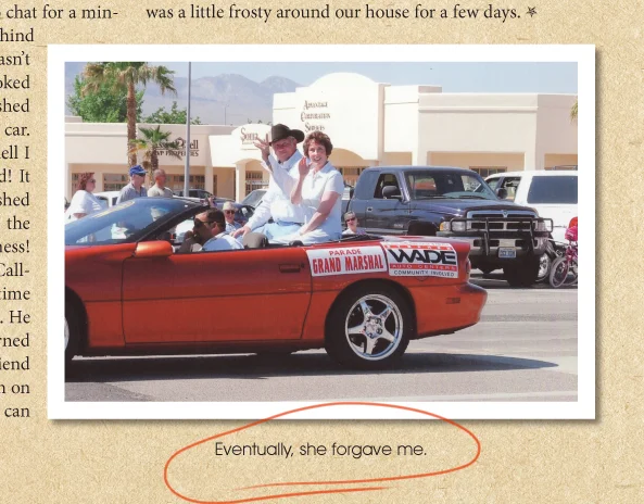 "Eventually she forgave me." Cryptic, but effective at drawing the reader into the story to find out more. The subjects of the photo are also the subjects of the book, so identifying them in this case seems redundant. Additional details are in the adjacent story.