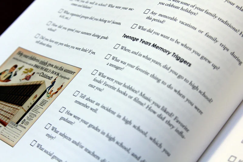 Here is a sample of some memory trigger questions in our book, " How to Save Your Life, One Chapter at a Time ."